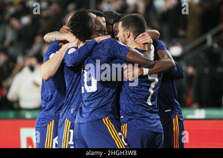 Eden Hazard of Real Madrid feiert ein Tor während des spanischen Pokals Copa del Rey, einer Runde von 16 Fußballspielen zwischen Elche CF und Real Madrid am 20. Januar 2022 im Martinez Valero Stadion in Elche, Alicante, Spanien - Foto: IRH/DPPI/LiveMedia Stockfoto