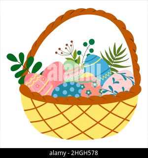 Korb mit farbigen Eiern. Osterkorb-Ikone, flacher Stil. Isoliert auf weißem Hintergrund. Vektorgrafik Stock Vektor