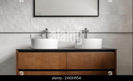 Badezimmer mit modernem Waschtisch mit zwei runden Keramikwaschbecken, Chromarmaturen und Spiegel mit schwarzem Rahmen, weißen Geschichten und Holzschrank. Moderne Ba Stockfoto