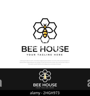 Bee Logo Design und Beehive Logo Template. Modernes Design, Vektor, Symbol, frische Honigikone, flaches Logo. Vektorgrafik Stock Vektor