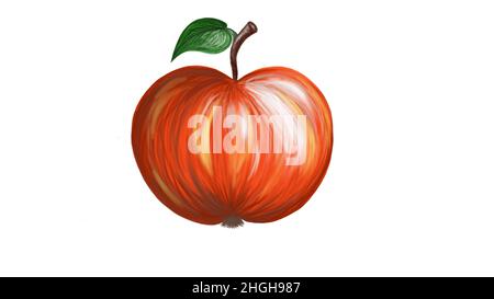 Roter FruchtApfel. Reifer Apfel von Hand gezogen. Mit weichem Pinsel gezeichnet. Isoliertes Element, Objekt auf weißem Hintergrund. Objektdarstellung. Gesund natürlich. Stockfoto