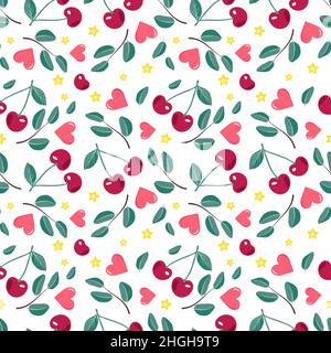 Niedliches nahtloses Muster mit Kirschen, Herzen, Stern und Blättern. Festlicher Druck, valentinstag Dekoration für Geschenkpapier, Textil und Design. Vektorgrafik flach Stock Vektor