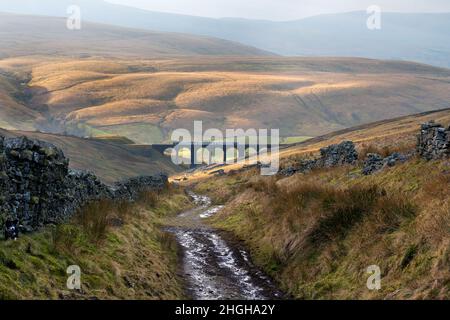 Ein in Leeds anliegender Sprinter-Personenzug durchquert das Viadukt von Arten Gill in Dentdale, Yorkshire Dales National Park, auf der Settle-Carlisle-Bahn. Stockfoto