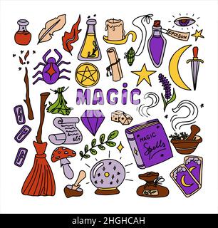 Magisches handgezeichnetes Doodle-Set. Vektorsymbole von magischen Gegenständen. Kollektion halloween Elemente. Zauberbesen, Tränke, Wahrsagekarten, Runen, Bücher Stock Vektor