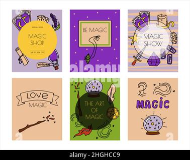 Magische handgezeichnete Doodle-Banner. Vektorsymbole von magischen Gegenständen. Kollektion halloween Elemente. Besen, Tränke, Wahrsagekarten, Runen, Bücher Stock Vektor