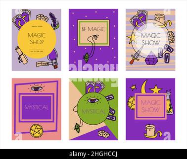 Magische handgezeichnete Doodle-Banner. Vektorsymbole von magischen Gegenständen. Kollektion halloween Elemente. Besen, Tränke, Wahrsagekarten, Runen, Bücher Stock Vektor