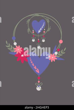 Dekoration mit Blumen und Herzen. Vektorbild im Boho-Stil. valentinstag. Eine Grußkarte mit einer Liebeserklärung. Stock Vektor