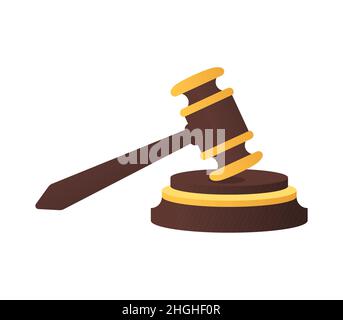 Richter gavel - modernes flaches Design einzelnes isoliertes Objekt. Ordentliches detailliertes Bild des klassischen Holzhammers mit einer speziellen runden Basis, auf der er klopft. U Stock Vektor