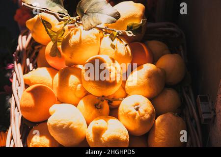 Frische Orangen und Zitronen in einem Korb Stockfoto