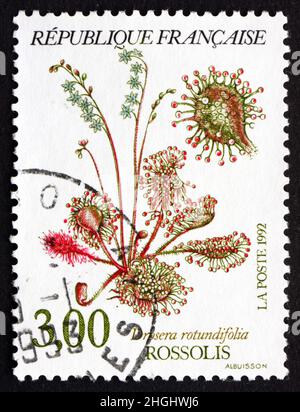 FRANKREICH - UM 1992: Eine in Frankreich gedruckte Marke zeigt Gemeinen Sonnentau, Drosera Rotundifolia, fleischfressende Pflanze, um 1992 Stockfoto