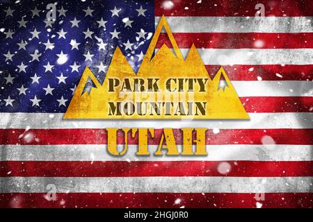 Park City Mountain Utah Banner-Illustration auf US-Flagge und Schneeschicht, Skigebiet in United starts of America Stockfoto