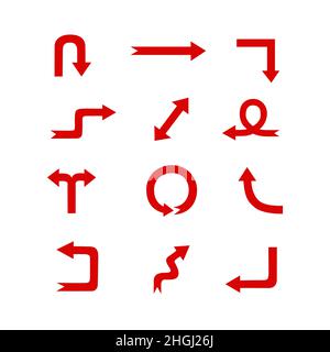 Einfache rote Pfeile zeigen in verschiedene Richtungen. Handgezeichneter Satz flacher moderner Vektorcursor-Elemente, isoliert auf Weiß, für Infografiken, Webseiten, Stock Vektor