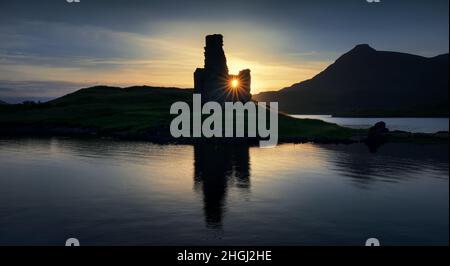 Panorama von Ardvreck Castle Reflexionen auf Loch Assynt im Sonnenuntergang, Schottland Stockfoto