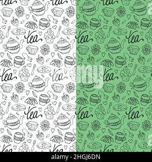 Tea Time florales Nahtloses Muster. Handgezeichnete Tusche Pinsel Doodle Design. Teekannen, Tasse, Kuchen Symbole umreißen Stil Elemente, lettring. Schwarze Konturen Stock Vektor