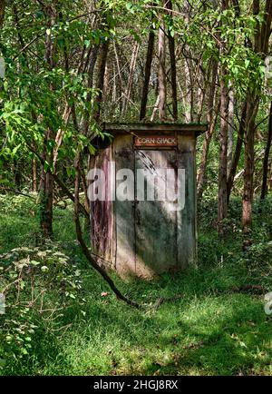 Ein altes Nebengebäude oder ein Badezimmer draußen, mitten im Wald. Genannt Corn Shack. Stockfoto