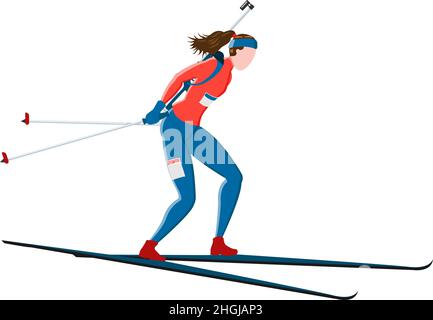 Frauen Biathlon Athlet Skifahren mit einem Gewehr hinter, Vektor-Illustration Stock Vektor