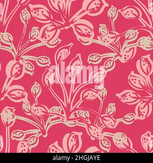 Moderne abstrakte wilde Wiese Blume nahtlose Vektor-Muster Hintergrund. Hintergrund im Kunstlino-Druck mit überlappenden Blumen und dünnen Streifen Stock Vektor