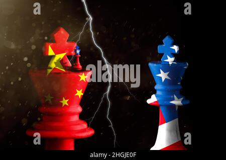 china, taiwan und die US-Flaggen übermalen den Schachkönig. Abbildung 3D. china vs. taiwan-Krise Stockfoto