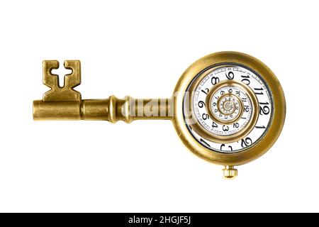 Nahaufnahme einer bronzefarbenen Schlüsseluhr im Retro-Stil mit einem wirbelnden Zifferblatt auf weißem Hintergrund. Stoppen und Korrigieren von Endlosschleifen Stockfoto