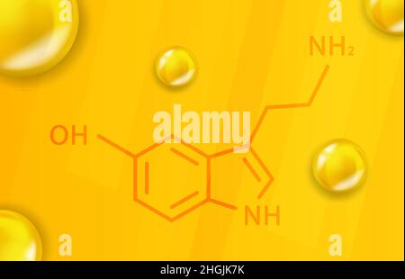 Serotonin chemische Formel. Serotonin 3D realistische chemische Molekülstruktur Stock Vektor