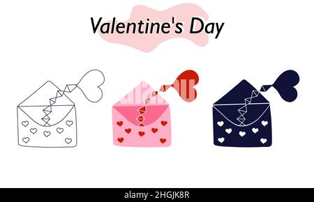 Ein offener Umschlag mit einem Liebesbekenntnis, ein Herz fliegt plötzlich aus dem Umschlag. In farbigen, einfarbigen und linearen Versionen. Ein Symbol der Liebe und ein Stock Vektor