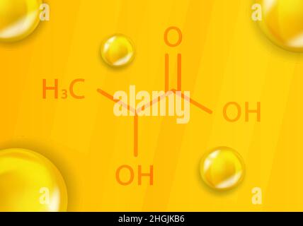 Chemische Formel für Milchsäure. Milchsäure 3D realistische chemische Molekülstruktur Stock Vektor