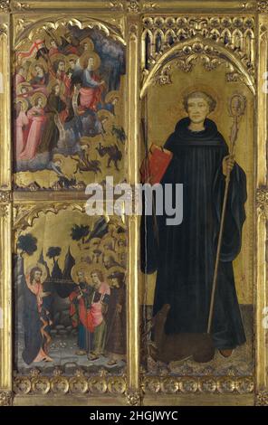 Heilige Giles mit Christus triumphiert über Satan und die Mission der Apostel 1408c. - Tempera su tavola fondo oro 151,4 x 100,3 cm - Alcañiz Miguel Stockfoto