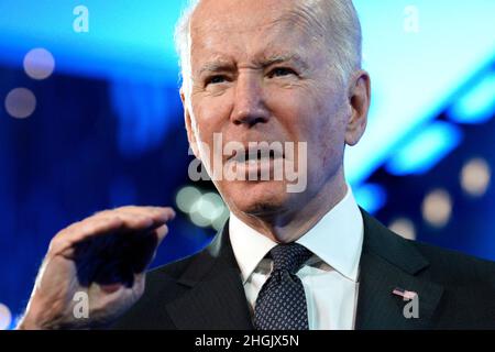 Washington DC, USA. 21st Januar 2022. US-Präsident Joe Biden spricht am 21. Januar 2022 bei der jährlichen Winterversammlung der Bürgermeister 90th in Washington. Foto von Yuri Gripas/ABACAPRESS.COM Quelle: Abaca Press/Alamy Live News Stockfoto