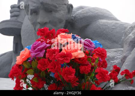 Brest, Weißrussland - 12. Januar 2022: Die roten Blumen beim Denkmal den gefallenen sowjetischen Soldaten der Brestischen Festung. Mai 9 Stockfoto