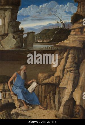 St. Jerome Lesung auf dem Land - olio e tempera su tavola 47 x 33,7 cm - Bellini Giovanni Stockfoto