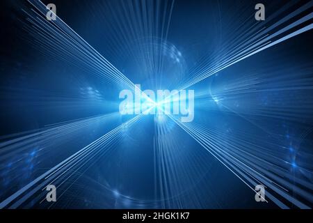 Blau leuchtendes Laserlicht mit Quelle, computergenerierter abstrakter Hintergrund, 3D Render Stockfoto