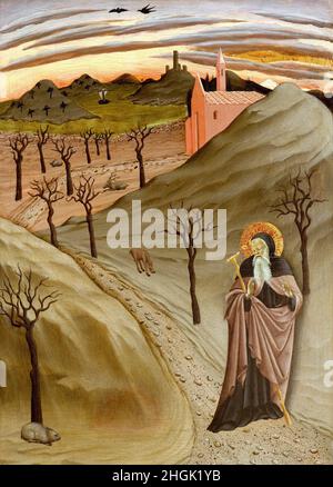 Der heilige Antonius der Abt in der Wildnis - 1435c. - tempera e oro su tavola 47 x 33,7 cm - Maestro dell'Osservanza Stockfoto