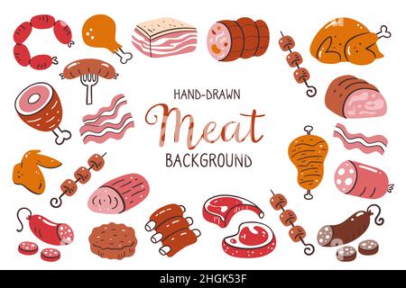 Fleisch Hintergrund. Fleischstücke und Fleischprodukte. Abbildung: Zutaten für das Kochen. Isolierte, farbige, handgezeichnete Symbole auf weißem Hintergrund. Stock Vektor