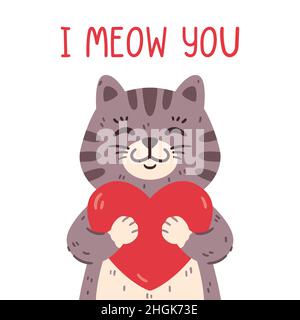 Niedliche Katze hält Herz. Ich miow Sie Grußkarte für den valentinstag, N14 Februar. Süße Haustiere in der Liebe. Vektordarstellung isoliert Stock Vektor