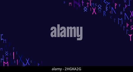Runen ethnischen Muster. Runenalphabet, Futhark. Alte nordische okkulte Symbole, bunte rosa, blaue wikinger Buchstaben auf dunkelblauem Hintergrund, Rune Schrift. V Stock Vektor