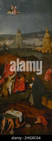 Hieronymus Bosch (1450-1516). Niederländischer Maler. Triptychon der Versuchungen des heiligen Antonius, 1498. Detail der rechten Tafel, die die Kontemplation des heiligen Antonius darstellt, konfrontiert mit den Versuchungen des Fleisches und der Sünde der Völlerei. Nationalmuseum für Alte Kunst Lissabon, Portugal. Stockfoto