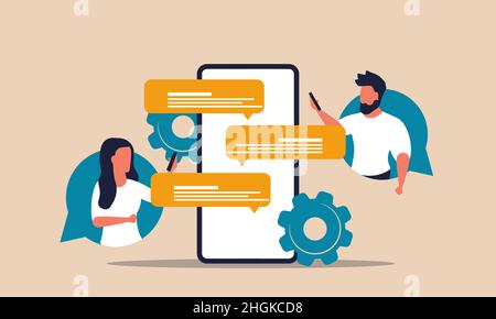 Online-Kommentar am Telefon mit Mann und Frau. User Talk und Message Network auf Chat Vektor Illustration Konzept. Feedback geben und Mitarbeiter mit smartp unterstützen Stock Vektor