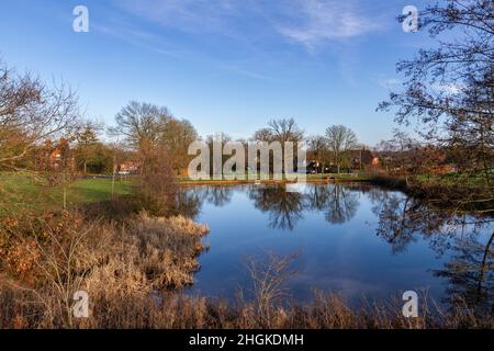 Blick über den Dorfteich im Windsor Great Park Village, Windsor, Bergshire, Großbritannien. Stockfoto