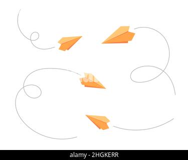 Gelbe Papierebenen mit gepunkteten Linienroutsymbolen. Handgefertigte fliegende Flugzeuge gesetzt. Vektorgrafik eps Stock Vektor