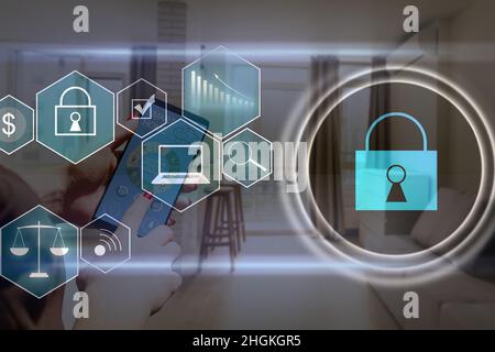 Entsperrt Smartphone sperren Internet-Telefon Hand Geschäftsleute drücken das Telefon, um im Internet zu kommunizieren. Cyber Security Konzept Handschutz Stockfoto