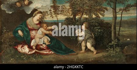 Madonna mit Kind und dem Jesuskind in einer Landschaft - 1540 50 - Öl auf Leinwand 27,7 x 58 cm - Lanzani Polidoro Stockfoto