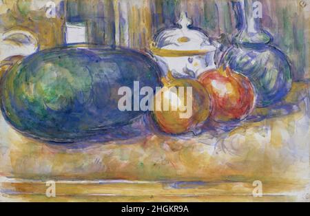 Stillleben mit Wassermelone und Granatäpfeln - 1900 06 - acquisello e matita su carta 31,4 x 48,8 cm - Cézanne Paul Stockfoto