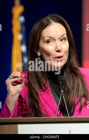 Austin, USA. 21st Januar 2022. Brooke Rollins, die ehemalige Berater im Weißen Haus von Trump, spricht über ihre Zeit im Westflügel während der jährlichen Strategiekonferenz der Texas Public Policy Foundation. Rollins leitet jetzt eine konservative Denkfabrik in Washington, DC. ©Bob Daemmrich Stockfoto