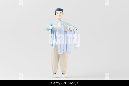 Ein Mann, der Kleidung mit weißem Hintergrund hält, 3D Rendering. Digitale Zeichnung des Computers. Stockfoto