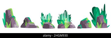 Stein Felsen und Pflanzen Büsche Strauch Vektor Illustration Sammlung Set für Spiel Asset grün Grafik-Element Stock Vektor