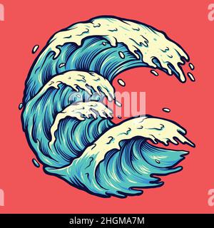 Sea Wave Vacations Surfing Holiday Vektor-Illustrationen für Ihre Arbeit Logo, Maskottchen Merchandise T-Shirt, Aufkleber und Label-Designs, Poster Stock Vektor