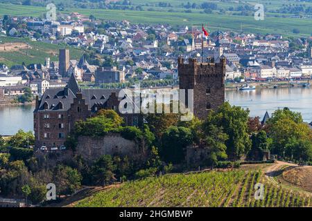 Bingen am Rhein, Rheinland-Pfalz, Deutschland - 19. August 2020: Schloss Klopp mit Rhein und Rüdesheim im Hintergrund Stockfoto