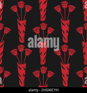 Nahtlose Rose Muster Bouquet rote Silhouette auf schwarzem Hintergrund Vektorbild Stock Vektor