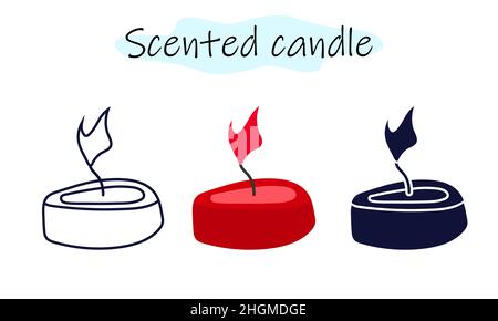 Aromatische Teekkerze in flacher Form mit Flamme. Vektor-Illustration in Farbe, linear und einfarbig auf weißem Hintergrund. Stock Vektor