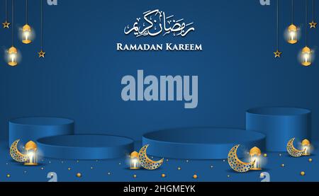 Ramadan Kareem mit Podium für Produktdisplay auf blauem Hintergrund Stock Vektor